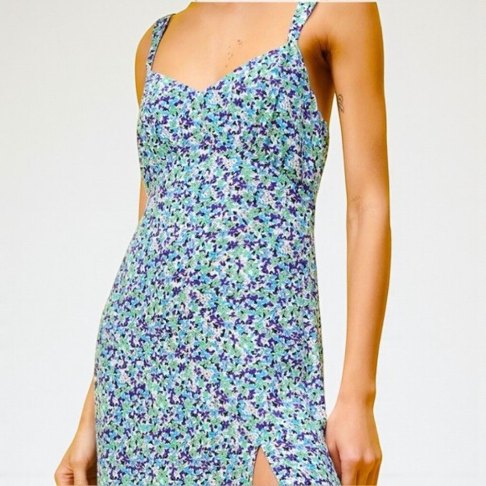 Zara Blue Floral Midi Dress Sweetheart Neck Side Slit NWT Size S